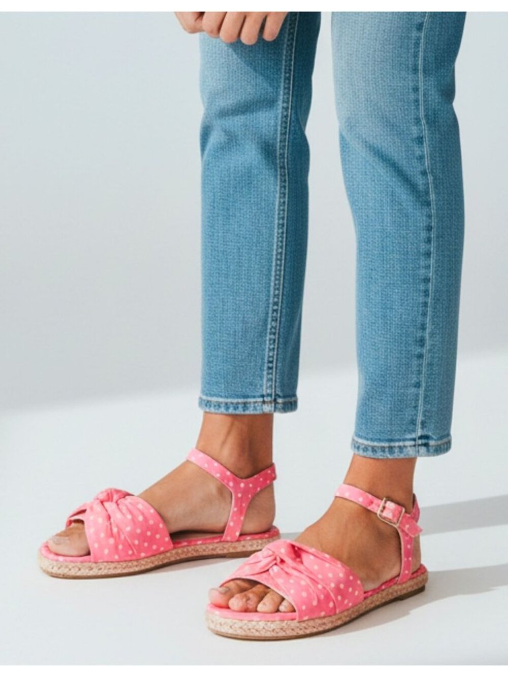 Polka Dot Blush Espadrille Sandals With Bow Detail & Adjustable Strap